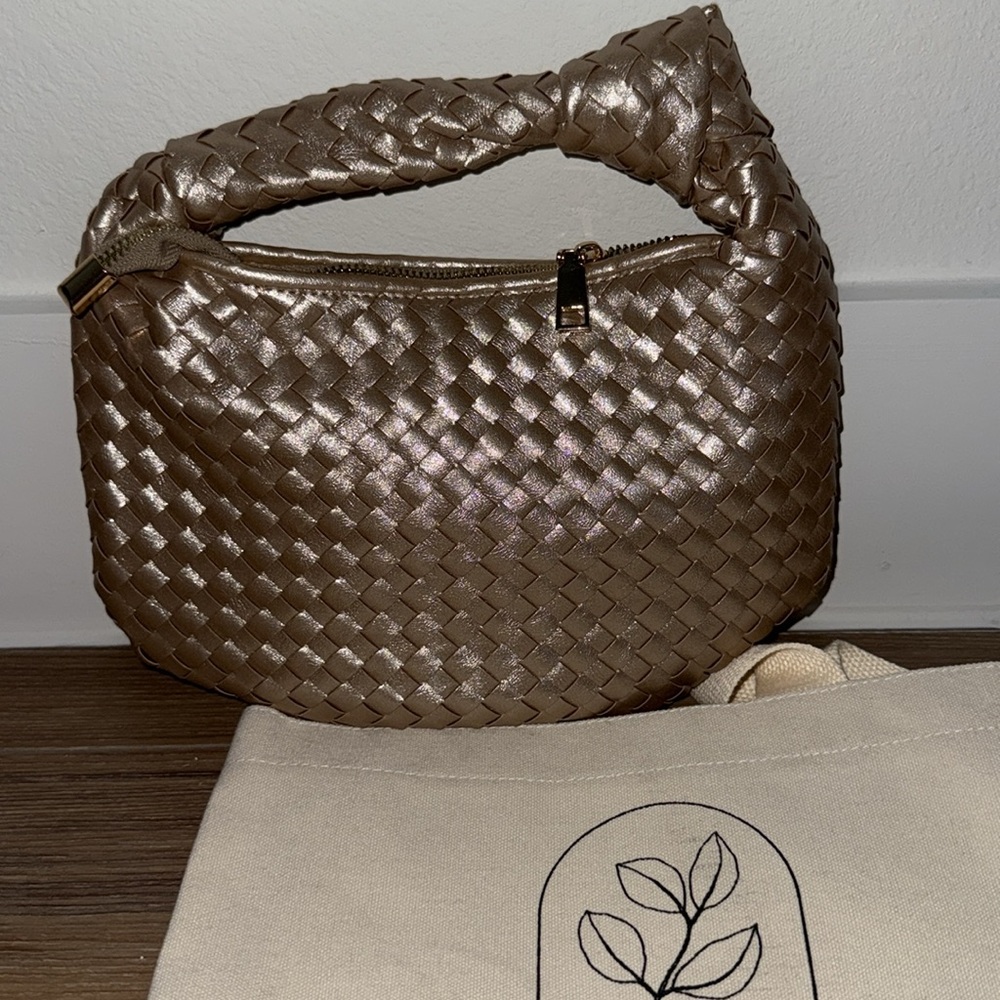 Melie Bianco Small Gold / Tan Woven Knotted Clutch - Like NEW!